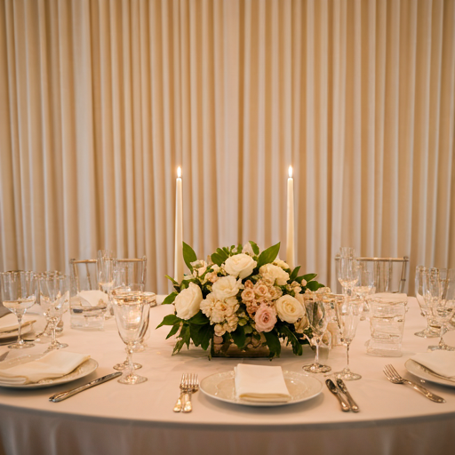 Mesa de matrimonio preparada con flores blancas, velas y copas